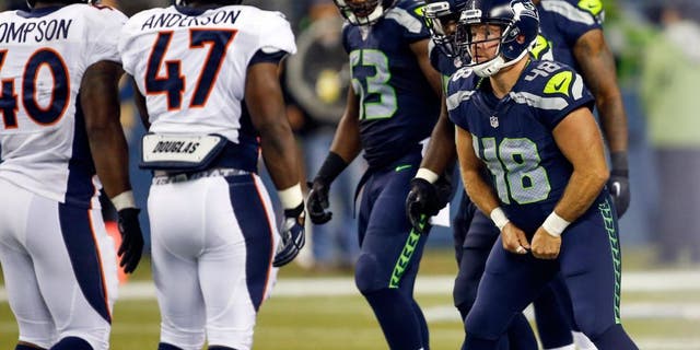 Aug 14, 2015; Seattle, WA, USA; Seattle Seahawks long snapper Nate Boyer (48) readies himself for a play against the Denver Broncos during the fourth quarter in a preseason NFL football game at CenturyLink Field. Mandatory Credit: Joe Nicholson-USA TODAY Sports