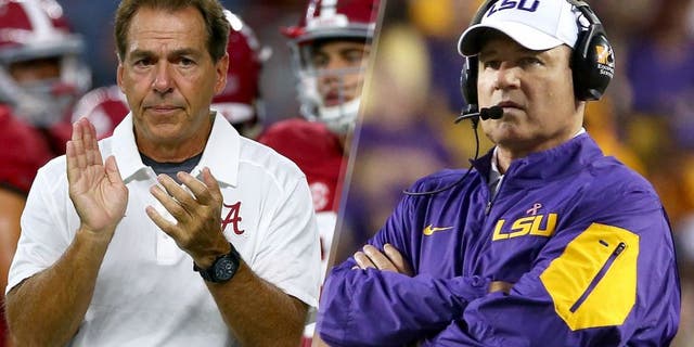 ARLINGTON, TX - SEPTEMBER 05: Head coach Nick Saban of the Alabama Crimson Tide looks on as his team prepares to take on the Wisconsin Badgers during The Advocare Classic at AT&T Stadium on September 5, 2015 in Arlington, Texas. (Photo by Tom Pennington/Getty Images) BATON ROUGE, LA - OCTOBER 03: Head coach Les Miles of the LSU Tigers watches from the sideline during the game against the Eastern Michigan Eagles at Tiger Stadium on October 3, 2015 in Baton Rouge, Louisiana. (Photo by Chris Graythen/Getty Images)