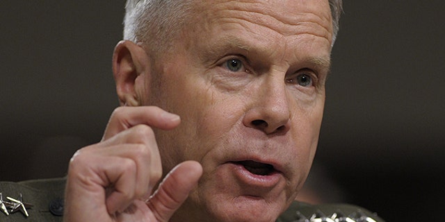 FILE: Gen. James Amos, assistant commandant of the U.S. Marine Corps, testifies on Capitol Hill in Washington on June 22, before the Senate Armed Services Committee hearing.