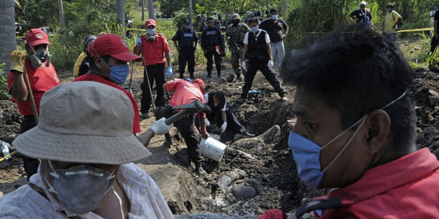 Nov. 3: Civil protection and forensic workers recover a body which was buried at a field in the town of Tuncingo, southern Mexico.