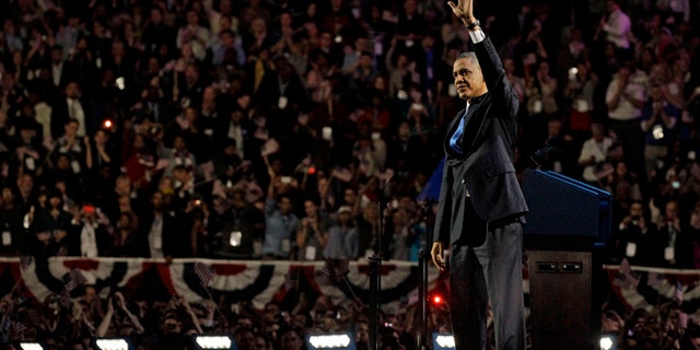 Nov. 7, 2012: President Barack Obama waves to the crowd at his election night party.