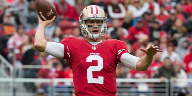 November 8, 2015; Santa Clara, CA, USA; San Francisco 49ers quarterback Blaine Gabbert (2) passes the football against the Atlanta Falcons during the first quarter at Levi's Stadium. Mandatory Credit: Kyle Terada-USA TODAY Sports