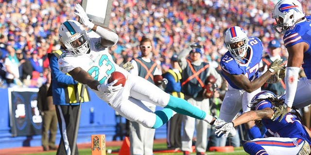 ORCHARD PARK, NY - NOVEMBER 08: Jay Ajayi #23 of the Miami Dolphins comes up short of a touchdown against the Buffalo Bills during the second half at Ralph Wilson Stadium on November 8, 2015 in Orchard Park, New York. (Photo by Rich Barnes/Getty Images)