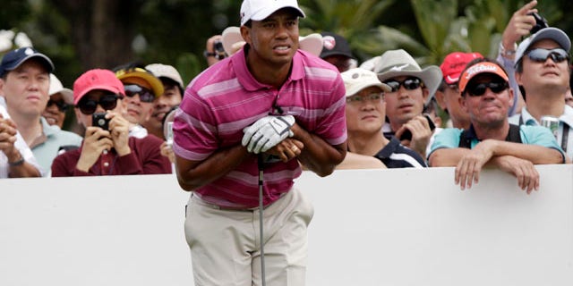 Nov. 8: Tiger Woods of the United States watches his ball after teeing off from the fourth hole during the Skins Games charity golf tournament, marking King Bhumibol's 60th year on the Thai throne, on the Amata Spring Country Club course in Chonburi province, southeastern Thailand.