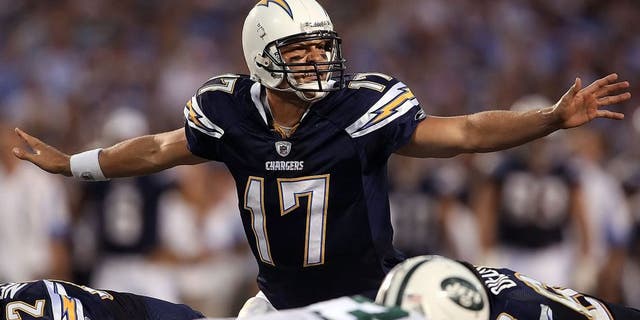 Philip Rivers #17 of the San Diego Chargers calls out from under center while taking on the New York Jets on September 22, 2008, at Qualcomm Stadium in San Diego, California. (Photo by Stephen Dunn/Getty Images)