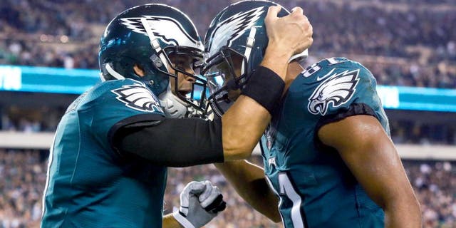 Nov 10, 2014; Philadelphia, PA, USA; Philadelphia Eagles quarterback Mark Sanchez (3) and wide receiver Jordan Matthews (81) celebrate their touchdown connection against the Carolina Panthers during the second quarter at Lincoln Financial Field. Mandatory Credit: Bill Streicher-USA TODAY Sports