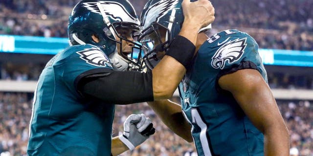 Nov 10, 2014; Philadelphia, PA, USA; Philadelphia Eagles quarterback Mark Sanchez (3) and wide receiver Jordan Matthews (81) celebrate their touchdown connection against the Carolina Panthers during the second quarter at Lincoln Financial Field. Mandatory Credit: Bill Streicher-USA TODAY Sports