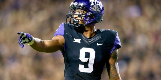 Oct 29, 2015; Fort Worth, TX, USA; TCU Horned Frogs wide receiver Josh Doctson (9) during the game against the West Virginia Mountaineers at Amon G. Carter Stadium. Mandatory Credit: Kevin Jairaj-USA TODAY Sports