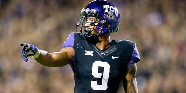 Oct 29, 2015; Fort Worth, TX, USA; TCU Horned Frogs wide receiver Josh Doctson (9) during the game against the West Virginia Mountaineers at Amon G. Carter Stadium. Mandatory Credit: Kevin Jairaj-USA TODAY Sports