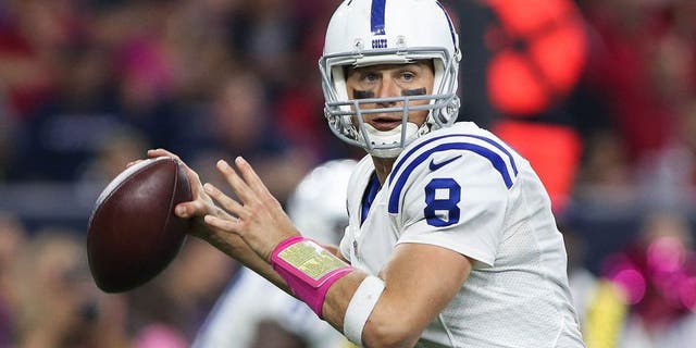 Oct 8, 2015; Houston, TX, USA; Indianapolis Colts quarterback Matt Hasselbeck (8) attempts a pass during the game against the Houston Texans at NRG Stadium. Mandatory Credit: Troy Taormina-USA TODAY Sports