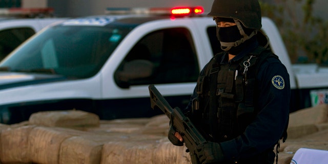 Nov. 1: A police officer stands guard by seized marijuana at the Baja California state police headquarters in Tijuana, Mexico.
