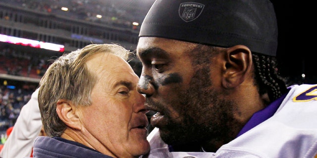 Oct. 31: New England Patriots coach Bill Belichick hugs Minnesota Vikings wide receiver Randy Moss after New England's 28-18 win in an NFL football game in Foxborough, Mass.
