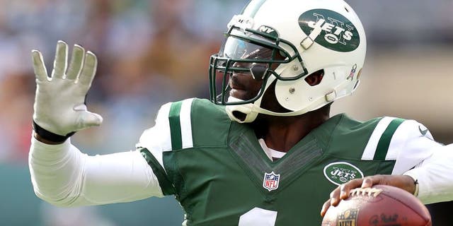 Nov 9, 2014; East Rutherford, NJ, USA; New York Jets quarterback Michael Vick (1) passes against the Pittsburgh Steelers during the first quarter at MetLife Stadium. Mandatory Credit: Adam Hunger-USA TODAY Sports