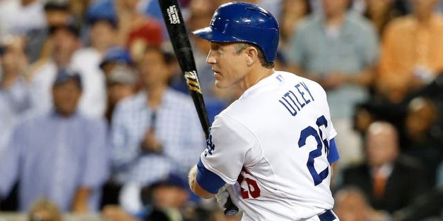LOS ANGELES, CA - OCTOBER 15: Chase Utley #26 of the Los Angeles Dodgers flies out in the ninth inning while taking on the New York Mets in game five of the National League Division Series at Dodger Stadium on October 15, 2015 in Los Angeles, California. (Photo by Sean M. Haffey/Getty Images)