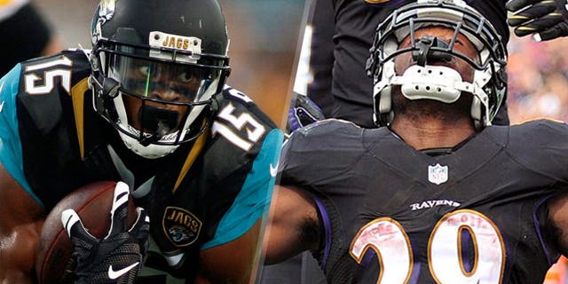 Aug 14, 2015; Jacksonville, FL, USA; Jacksonville Jaguars wide receiver Allen Robinson (15) runs in the first quarter of a preseason NFL football game against the Pittsburgh Steelers at EverBank Field. Mandatory Credit: Phil Sears-USA TODAY Sports Sep 28, 2014; Baltimore, MD, USA; Baltimore Ravens running back Justin Forsett (29) celebrates after scoring a touchdown in the second quarter against the Carolina Panthers at M&T Bank Stadium. Mandatory Credit: Evan Habeeb-USA TODAY Sports