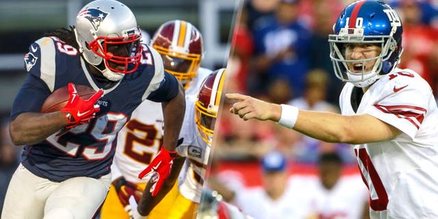 Nov 8, 2015; Foxborough, MA, USA; New England Patriots running back LeGarrette Blount (29) runs the ball against the Washington Redskins in the second half at Gillette Stadium. The Patriots defeated the Redskins 27-10. Mandatory Credit: David Butler II-USA TODAY Sports, Nov 8, 2015; Tampa, FL, USA; New York Giants quarterback Eli Manning (10) points against the Tampa Bay Buccaneers during the first half at Raymond James Stadium. Mandatory Credit: Kim Klement-USA TODAY Sports