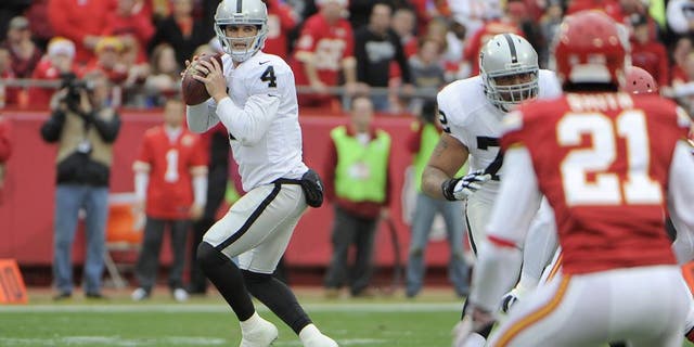 Dec 14, 2014; Kansas City, MO, USA; Oakland Raiders quarterback Derek Carr (4) throws the ball against the Kansas City Chiefs in the first half at Arrowhead Stadium. Mandatory Credit: John Rieger-USA TODAY Sports