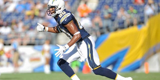Aug 29, 2015; San Diego, CA, USA; San Diego Chargers wide receiver Malcom Floyd (80) runs during a preseason game against the Seattle Seahawks at Qualcomm Stadium. Seattle won 16-15. Mandatory Credit: Orlando Ramirez-USA TODAY Sports