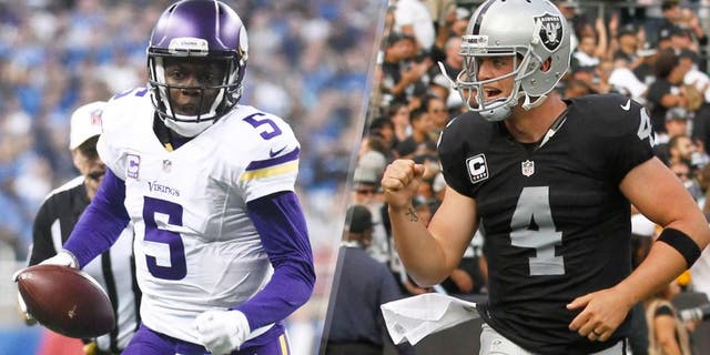 Oct 25, 2015; Detroit, MI, USA; Minnesota Vikings quarterback Teddy Bridgewater (5) carries the ball during the first quarter against the Detroit Lions at Ford Field. Mandatory Credit: Tim Fuller-USA TODAY Sports Nov 1, 2015; Oakland, CA, USA; Oakland Raiders quarterback Derek Carr (4) reacts after throwing a touchdown pass against the New York Jets in the third quarter at O.co Coliseum. The Raiders defeated the Jets 34-20. Mandatory Credit: Cary Edmondson-USA TODAY Sports
