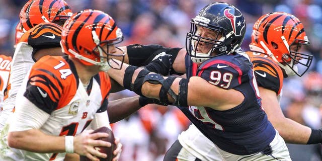 Nov 23, 2014; Houston, TX, USA; Houston Texans defensive end J.J. Watt (99) applies pressure to Cincinnati Bengals quarterback Andy Dalton (14) during the game at NRG Stadium. Mandatory Credit: Troy Taormina-USA TODAY Sports