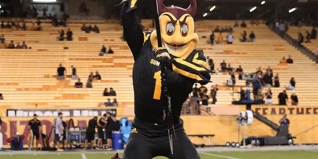 TEMPE, AZ - OCTOBER 10: Arizona State Sun Devils mascot Sparky spikes the pitchfork at center field after the college football game against the Colorado Buffaloes at Sun Devil Stadium on October 10, 2015 in Tempe, Arizona. The Arizona State Sun Devils beat the Colorado Buffaloes 48-23. (Photo by Chris Coduto/Getty Images)