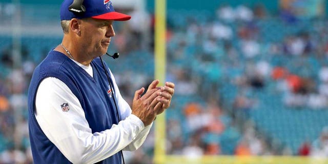 MIAMI GARDENS, FL - SEPTEMBER 27: Head coach Rex Ryan of the Buffalo Bills looks on during a game at Sun Life Stadium on September 27, 2015 in Miami Gardens, Florida. (Photo by Mike Ehrmann/Getty Images)