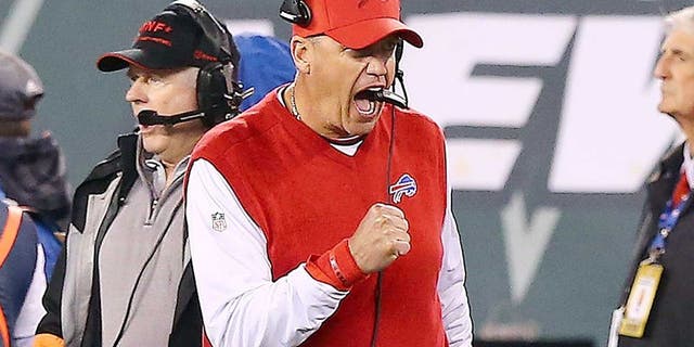 EAST RUTHERFORD, NJ - NOVEMBER 12: Head coach Rex Ryan of the Buffalo Bills celebrates a second quarter touchdown by Duke Williams #27 (not pictured) against the New York Jets at MetLife Stadium on November 12, 2015 in East Rutherford, New Jersey. (Photo by Elsa/Getty Images)