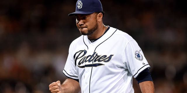 SAN DIEGO, CA - JULY 24: Joaquin Benoit #53 of the San Diego Padres pumps his fist after pitching in the 8th inning during the game against the Miami Marlins at Petco Park on July 24, 2015 in San Diego, California. (Photo by Andy Hayt/San Diego Padres/Getty Images)