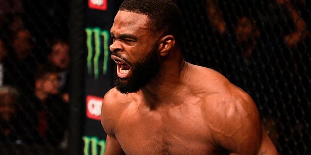 ATLANTA, GA - JULY 30: Tyron Woodley celebrates after knocking out Robbie Lawler in their welterweight championship bout during the UFC 201 event on July 30, 2016 at Philips Arena in Atlanta, Georgia. (Photo by Jeff Bottari/Zuffa LLC/Zuffa LLC via Getty Images)