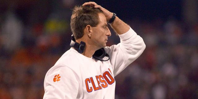 Oct 19, 2013; Clemson, SC, USA; Clemson Tigers head coach Dabo Swinney reacts after the play during the first half against the Florida State Seminoles at Clemson Memorial Stadium. Mandatory Credit: Joshua S. Kelly-USA TODAY Sports
