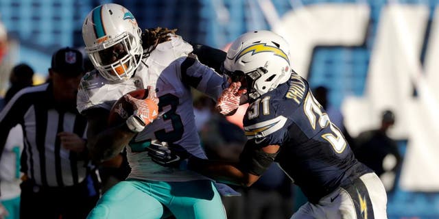 Miami Dolphins running back Jay Ajayi, left, is pushed out of bounds by San Diego Chargers strong safety Adrian Phillips during the second half of an NFL football game in San Diego, Sunday, Nov. 13, 2016. (AP Photo/Gregory Bull)