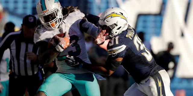 Miami Dolphins running back Jay Ajayi, left, is pushed out of bounds by San Diego Chargers strong safety Adrian Phillips during the second half of an NFL football game in San Diego, Sunday, Nov. 13, 2016. (AP Photo/Gregory Bull)