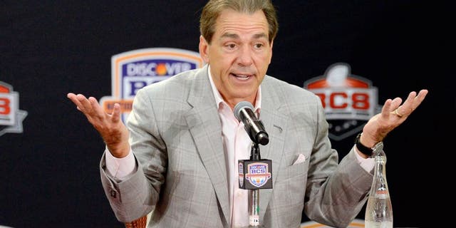 Jan 8, 2013; Fort Lauderdale FL, USA; Alabama Crimson Tide head coach Nick Saban addresses the media during the winning coach press conference at Harbor Beach Marriott Resort & Spa following Alabama's 42-14 win over Notre Dame last night in the 2013 BCS National Championship game. Mandatory Credit: John David Mercer-USA TODAY Sports