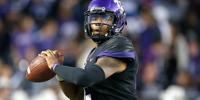 Nov 8, 2014; Fort Worth, TX, USA; TCU Horned Frogs quarterback Trevone Boykin (2) warms up before the game against the Kansas State Wildcats at Amon G. Carter Stadium. Mandatory Credit: Tim Heitman-USA TODAY Sports