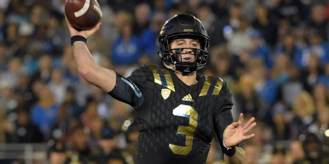Nov 14, 2015; Pasadena, CA, USA; UCLA Bruins quarterback Josh Rosen (3) throws a pass against the Washington State Cougars in a NCAA football game at Rose Bowl. Mandatory Credit: Kirby Lee-USA TODAY Sports