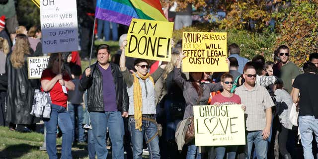 Nov. 14, 2015: People gather for a mass resignation from the Church of Jesus Christ of Latter-day Saints in Salt Lake City.