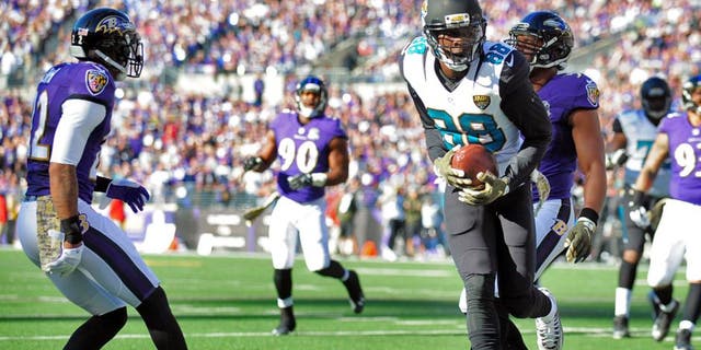 Nov 15, 2015; Baltimore, MD, USA; Jacksonville Jaguars wide receiver Allen Hurns (88) scores a touchdown in the first quarter against the Baltimore Ravens at M&T Bank Stadium. Mandatory Credit: Evan Habeeb-USA TODAY Sports
