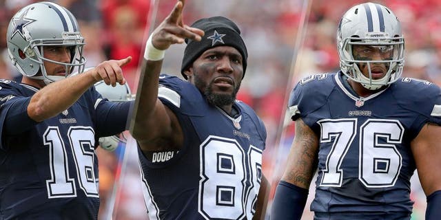 TAMPA, FL - NOVEMBER 15: Matt Cassel #16 of the Dallas Cowboys calls a play during a game against the Tampa Bay Buccaneers at Raymond James Stadium on November 15, 2015 in Tampa, Florida. (Photo by Mike Ehrmann/Getty Images) TAMPA, FL - NOVEMBER 15: Dez Bryant #88 of the Dallas Cowboys looks on during a game against the Tampa Bay Buccaneers at Raymond James Stadium on November 15, 2015 in Tampa, Florida. (Photo by Mike Ehrmann/Getty Images) TAMPA, FL - NOVEMBER 15: Greg Hardy #76 of the Dallas Cowboys looks on during a game against the Tampa Bay Buccaneers at Raymond James Stadium on November 15, 2015 in Tampa, Florida. (Photo by Mike Ehrmann/Getty Images)