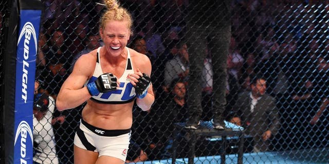 MELBOURNE, AUSTRALIA - NOVEMBER 15: Holly Holm celebrates her second round KO (head kick and punches) over Ronda Rousey (not pictured) in their UFC women's bantamweight championship bout during the UFC 193 event at Etihad Stadium on November 15, 2015 in Melbourne, Australia. (Photo by Josh Hedges/Zuffa LLC/Zuffa LLC via Getty Images)