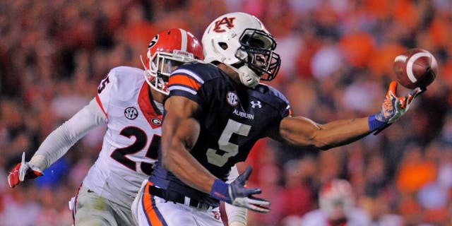 Nov 16, 2013; Auburn, AL, USA; Auburn Tigers wide receiver Ricardo Louis (5) scores the game-winning touchdown against the Georgia Bulldogs at Jordan Hare Stadium. The Tigers defeated the Bulldogs 43-38. Mandatory Credit: Shanna Lockwood-USA TODAY Sports
