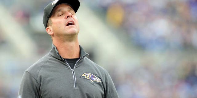 Nov 1, 2015; Baltimore, MD, USA; Baltimore Ravens head coach John Harbaugh reacts after a penalty in the second quarter against the San Diego Chargers at M&T Bank Stadium. Mandatory Credit: Evan Habeeb-USA TODAY Sports