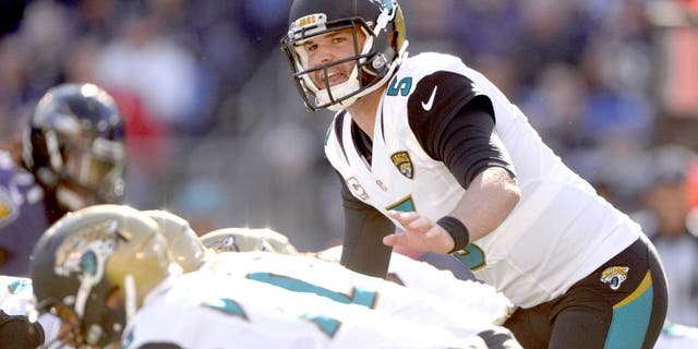 Nov 15, 2015; Baltimore, MD, USA; Jacksonville Jaguars quarterback Blake Bortles (5) calls a play at the line during the first quarter against the Baltimore Ravens at M&T Bank Stadium. Mandatory Credit: Tommy Gilligan-USA TODAY Sports