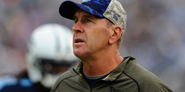 Nov 15, 2015; Nashville, TN, USA; Tennessee Titans interim head coach Mike Mularkey during the second half against the Carolina Panthers at Nissan Stadium. The Panthers won 27-10. Mandatory Credit: Christopher Hanewinckel-USA TODAY Sports