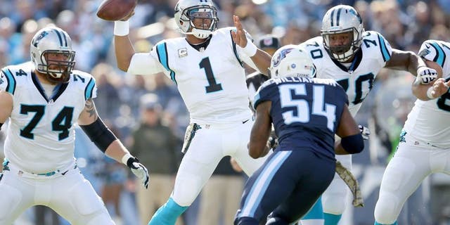 NASHVILLE, TN - NOVEMBER 15: Cam Newton #1 of the Carolina Panthers throws a pass during the first quarter against the Tennessee Titans at LP Field on November 15, 2015 in Nashville, Tennessee. (Photo by Andy Lyons/Getty Images)