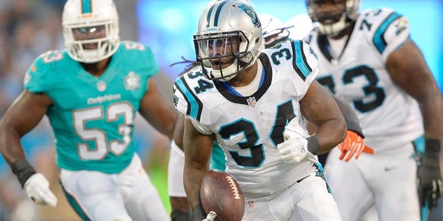 CHARLOTTE, NC - AUGUST 22: Cameron Artis-Payne #34 of the Carolina Panthers runs against the Miami Dolphins during their preseason NFL game at Bank of America Stadium on August 22, 2015 in Charlotte, North Carolina. (Photo by Grant Halverson/Getty Images)