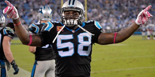 CHARLOTTE, NC - OCTOBER 25: Thomas Davis #58 of the Carolina Panthers leads the fans in singing "Sweet Caroline" after a win against the Philadelphia Eagles at Bank of America Stadium on October 25, 2015 in Charlotte, North Carolina. The Panthers won 27-16. (Photo by Grant Halverson/Getty Images)
