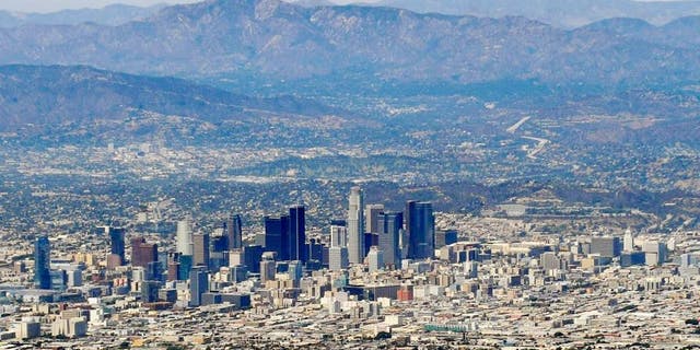 August 15, 2015; Los Angeles, CA, USA; General view of downtown Los Angeles before the Cincinnati Reds play against the Los Angeles Dodgers at Dodger Stadium. Mandatory Credit: Gary A. Vasquez-USA TODAY Sports