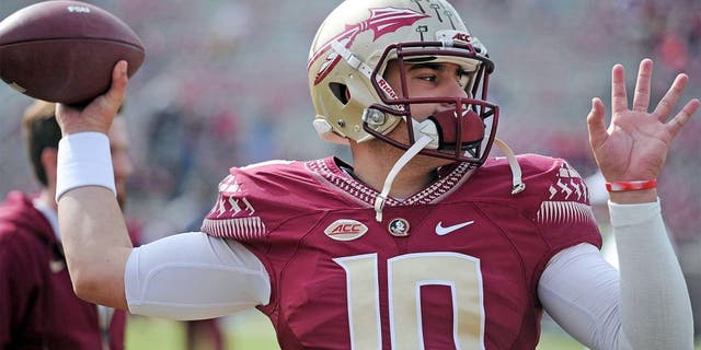 Nov 14, 2015; Tallahassee, FL, USA; Florida State University quarterback Sean Maguire (10) warms up before the game against the North Carolina State Wolfpack at Doak Campbell Stadium. Mandatory Credit: Melina Vastola-USA TODAY Sports