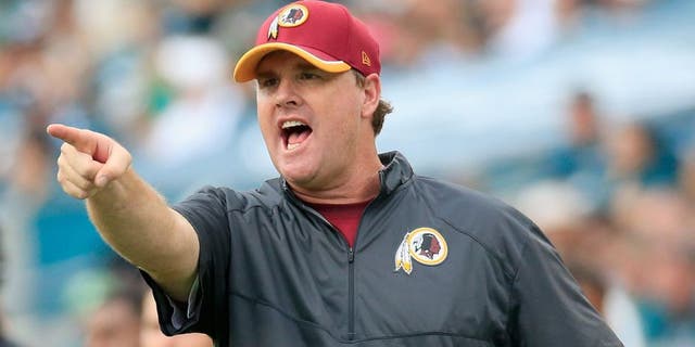 PHILADELPHIA, PA - SEPTEMBER 21: Head coach Jay Gruden of the Washington Redskins points to an officail during the second half against the Philadelphia Eagles at Lincoln Financial Field on September 21, 2014 in Philadelphia, Pennsylvania. The Eagles won 37-34. (Photo by Rob Carr/Getty Images)