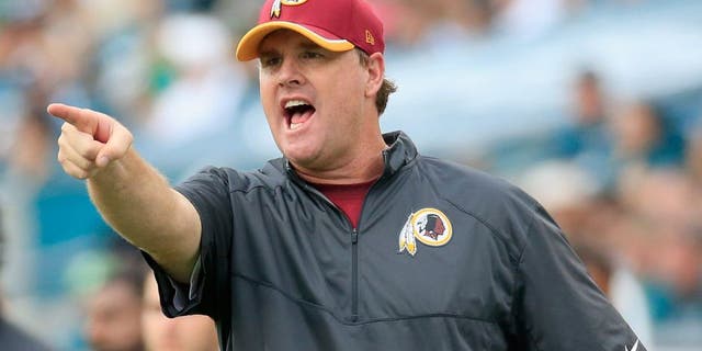 PHILADELPHIA, PA - SEPTEMBER 21: Head coach Jay Gruden of the Washington Redskins points to an officail during the second half against the Philadelphia Eagles at Lincoln Financial Field on September 21, 2014 in Philadelphia, Pennsylvania. The Eagles won 37-34. (Photo by Rob Carr/Getty Images)